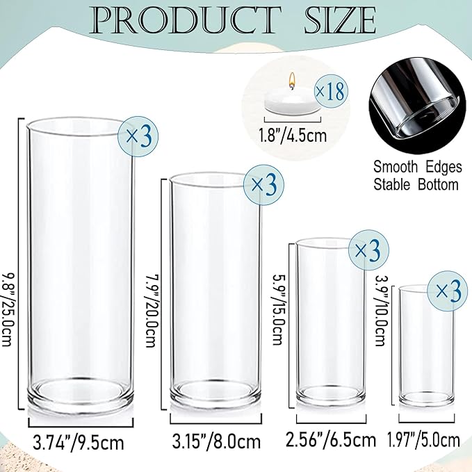 Set of 12 Pcs Glass Cylinder Vases for Centerpieces with 18 Pcs White Floating Candles for Centerpieces Glass Candle Holder for Table Shelf Wedding Party Home Decor (4"+6"+8"+10")