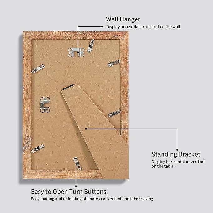 8x12 Picture Frame Set of 4 with High Definition Real Glass, Display 6x8 Pictures with Mat or 8 x 12 Without Mat, Rustic Brown Wood Photo Frames for Tabletop and Wall Mounting