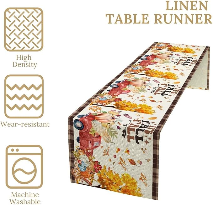 Fall Pumpkin Table Runner,Rustic Maple Yellow Leaf Trees Truncks Brown Plaid Tablecloth Burlap for Hotel Indoors Outdoor Dining Room Kitchen Home Decor,W13X L60 in