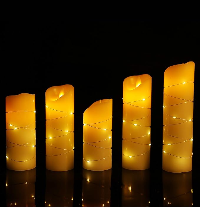 LED flameless Candle, with Embedded Starlight String,（ danip)5-Piece LED Candle, with 10-Key Remote Control, 24-Hour Timer Function, Dancing Flame, Real Wax, Battery-Powered. (Ivory White)