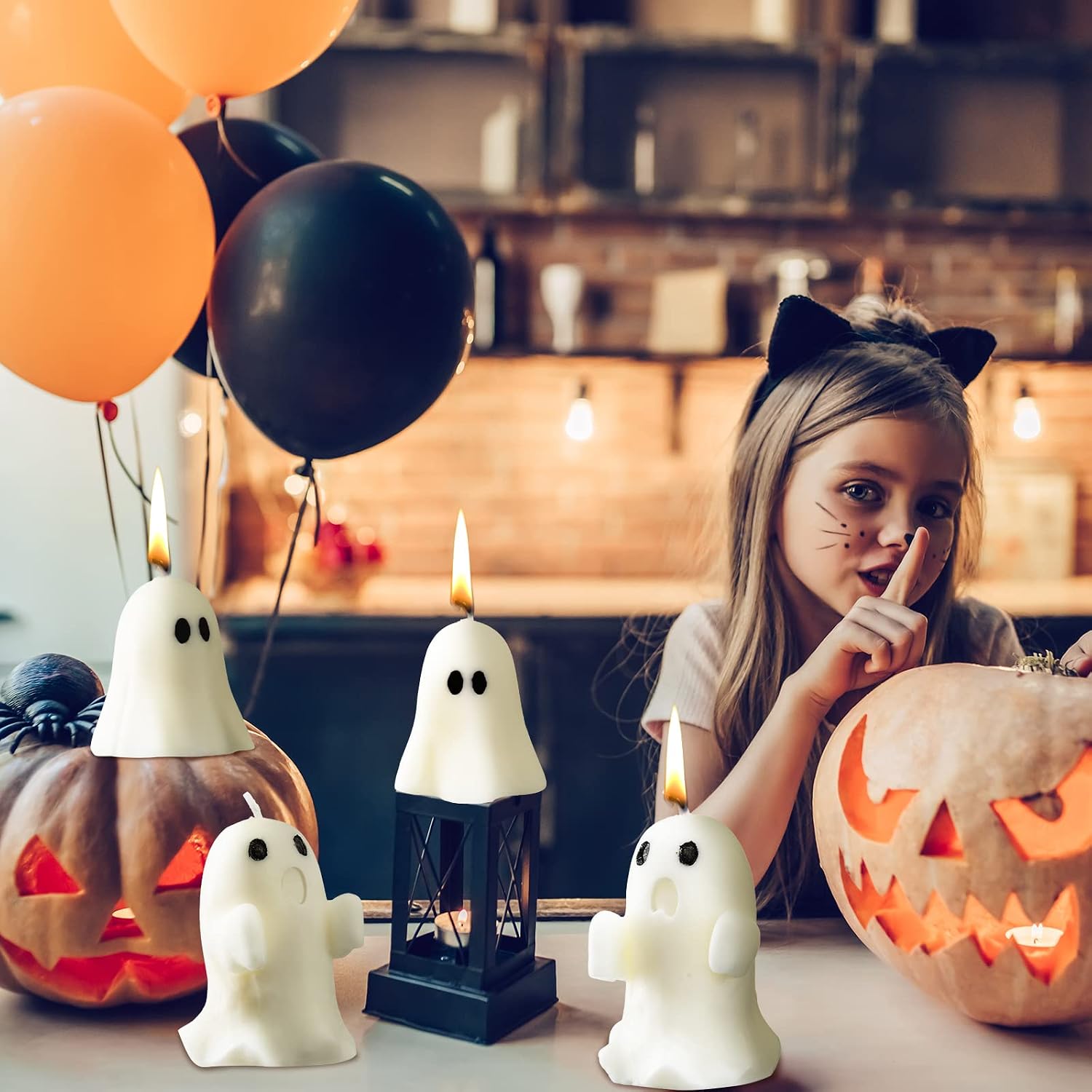 Minatee 4 Pieces Large Halloween Ghost Candles Cute Spooky Fall Decor Burning White Scented Wax Candles Gifts for Boo Basket Stuffers Halloween Room Table Indoor Decorations, 2 Style