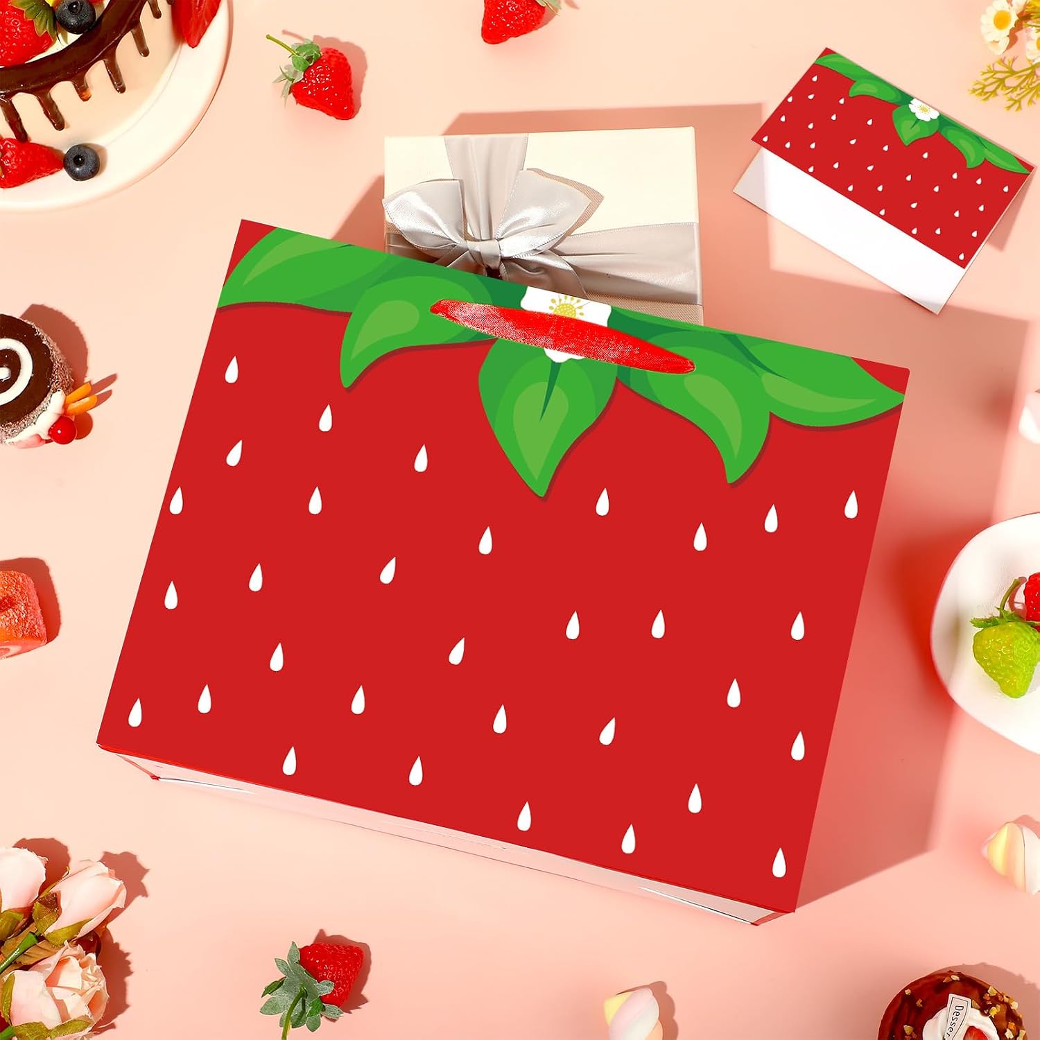 Yoirrat Strawberry Gift Bag Sweet Birthday Decorations Red Gift Wrapping Bag with Tissue Paper and Greeting Card for Strawberry Theme Baby Girl Baby Shower Birthday Party Supplies
