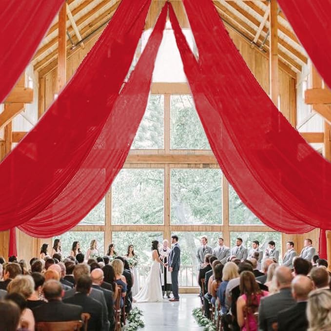 MODFUNS Red Ceiling Drapes for Parties Wedding Ceiling Drapery 2 Panels 5x20FT Chiffon Curtain for Backdrop Wedding Arch Draping Fabric for Ceremony Arbor Ceiling Curtains for Hall Stage Decorations