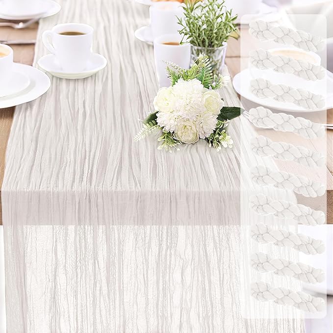 Cheesecloth Table Runner 10FT (35x120 Inch) - 10 Pack White Boho Gauze Fabric Cheese Cloth Table Runner Rustic Sheer Table Runners Cheesecloth for Wedding, Bridal Shower, Birthday Party Decor