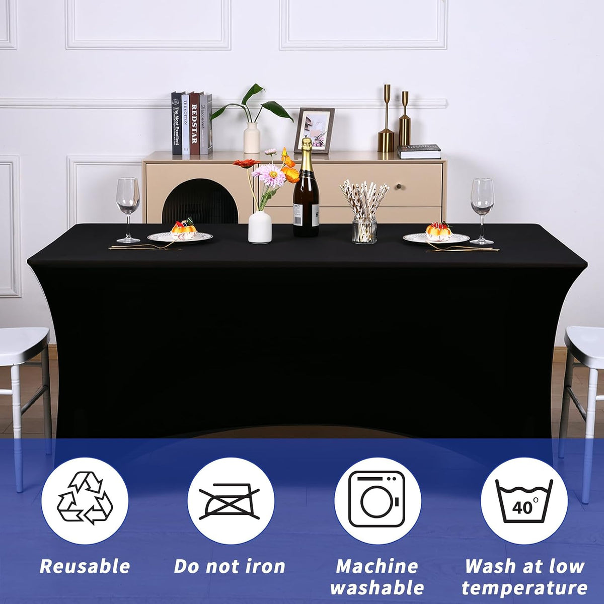 Fixwal 12 Pack 6FT Black Tablecloth Rectangle Spandex Fitted Table Cover