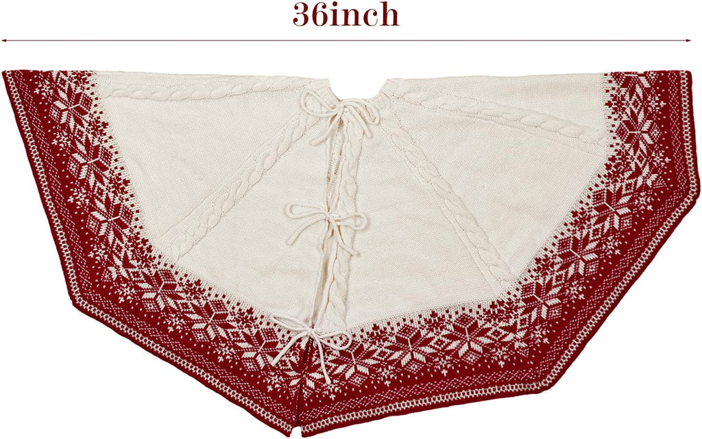 48 inch Christmas Tree Skirt: Cable Knit Tree Skirt with Red White Snowflake Polygon Edge, Tree Skirt for 7.5ft Tree, Vintage Tree Skirts, Rustic Farmhouse Christmas Decorations