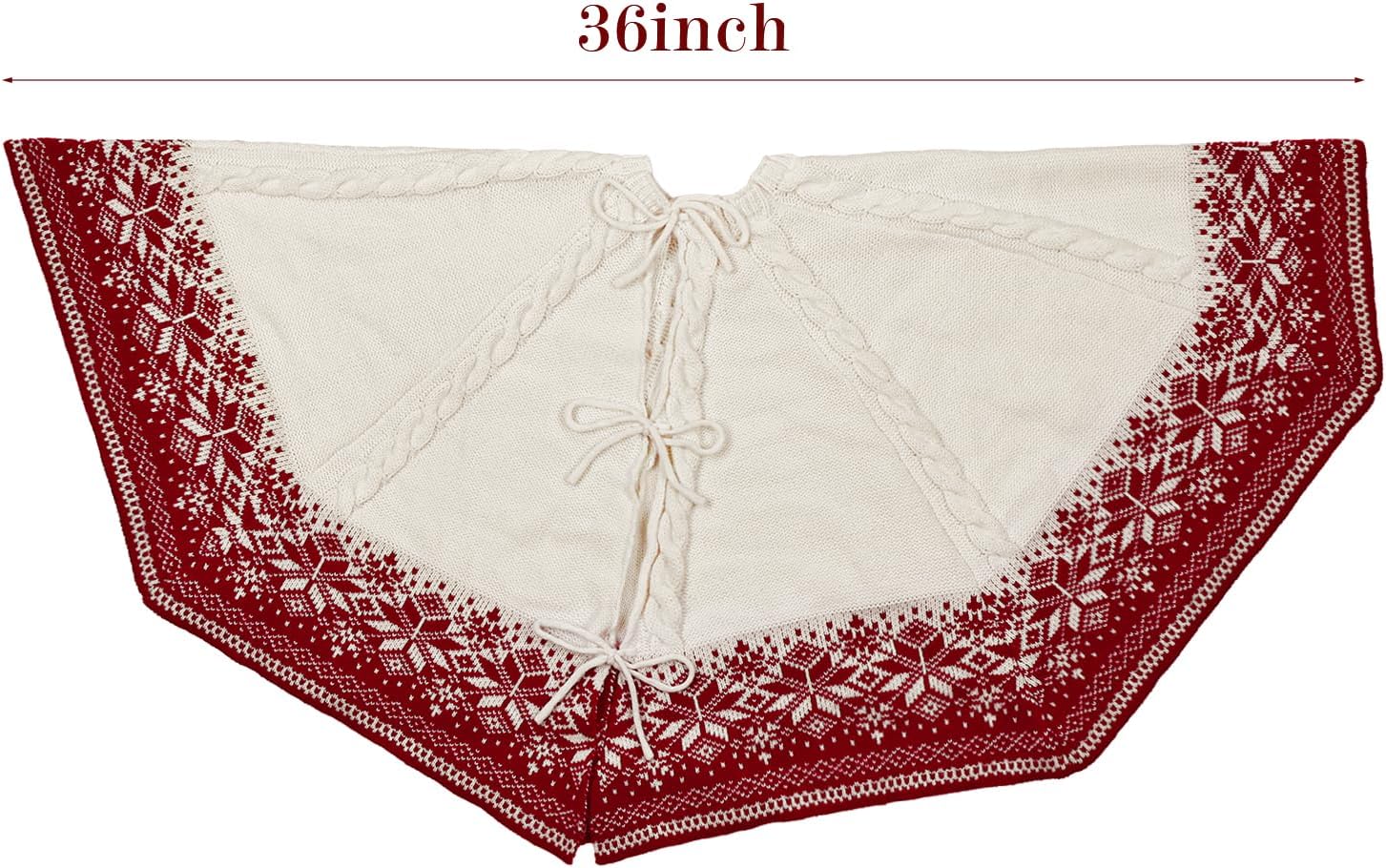 48 inch Christmas Tree Skirt: Cable Knit Tree Skirt with Red White Snowflake Polygon Edge, Tree Skirt for 7.5ft Tree, Vintage Tree Skirts, Rustic Farmhouse Christmas Decorations