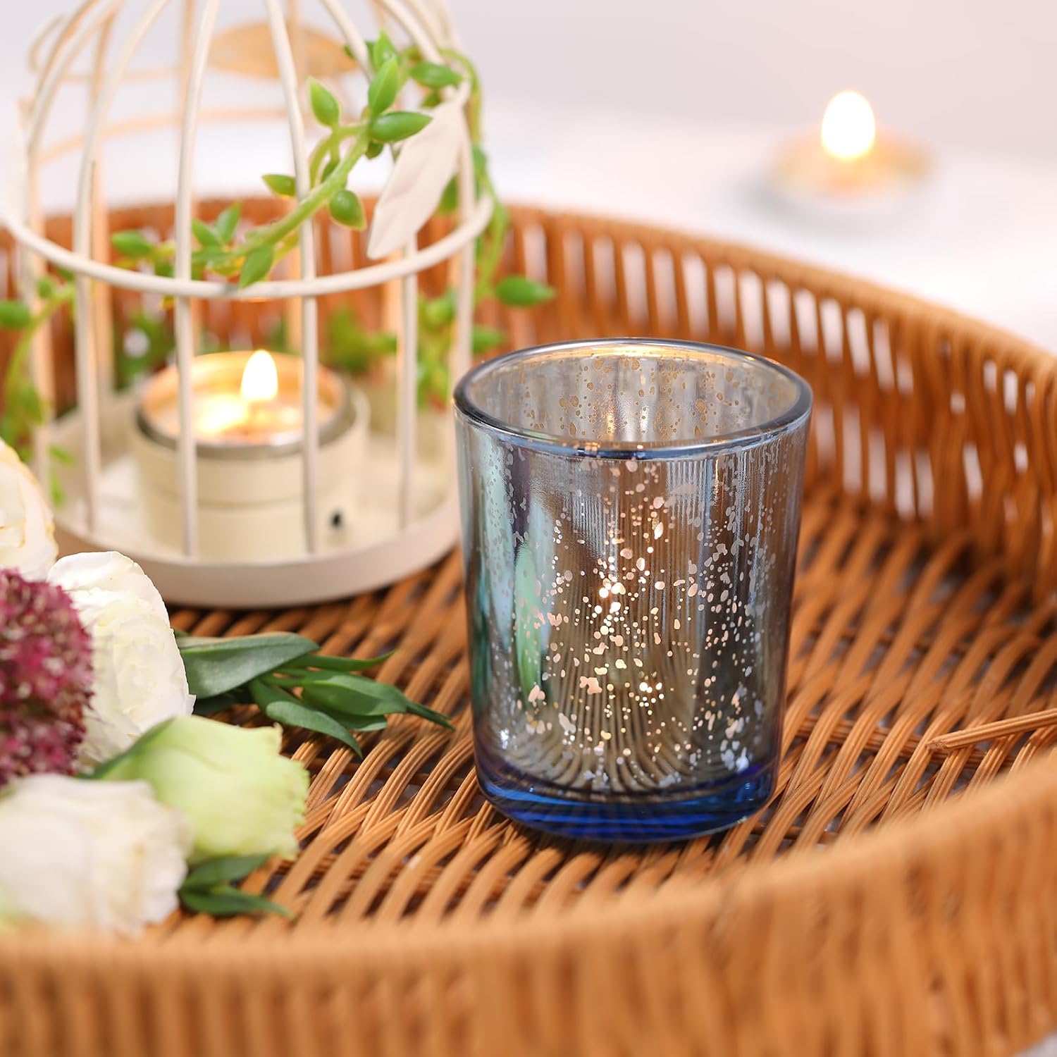 Volens Blue Party Decorations 72pcs, Mercury Glass Blue Votive Candle Holders Bulk for Wedding Table Centerpieces, Bridal and Baby Shower Decor