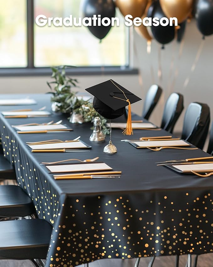 Pureegg Plastic Table Cloth Disposable 10 Pack, 54 x 108 Inch Table Cloths, Graduation Decorations Class of 2025, Graduation Tablecloths, Rectangle, Plastic Cover, Leakproof & Sturdy, Black and Gold