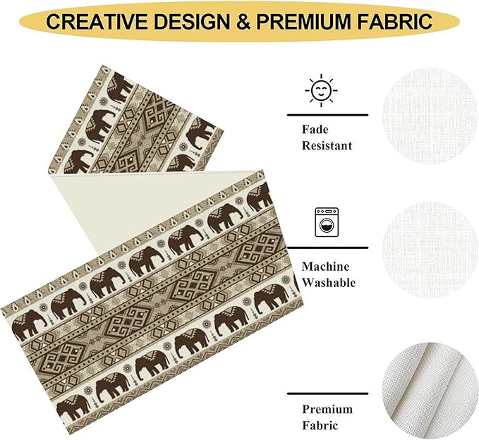 Ethnic Table Runner, Rustic Farmhouse Boho Indian Bohemian Elephant Aztec Tribal Print Beige Table Center Decor for Home Kitchen Dining Patio Holiday Party Indoor Table Decorations, 13"x90" Inch