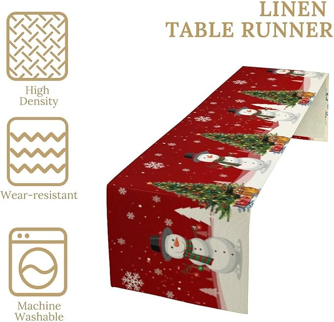 Christmas Table Runner,Snowman Rustic Red Snowflake Winter Table Cloth Kitchen Dining Table Decoration for Home Party Decor 13x60 Inch