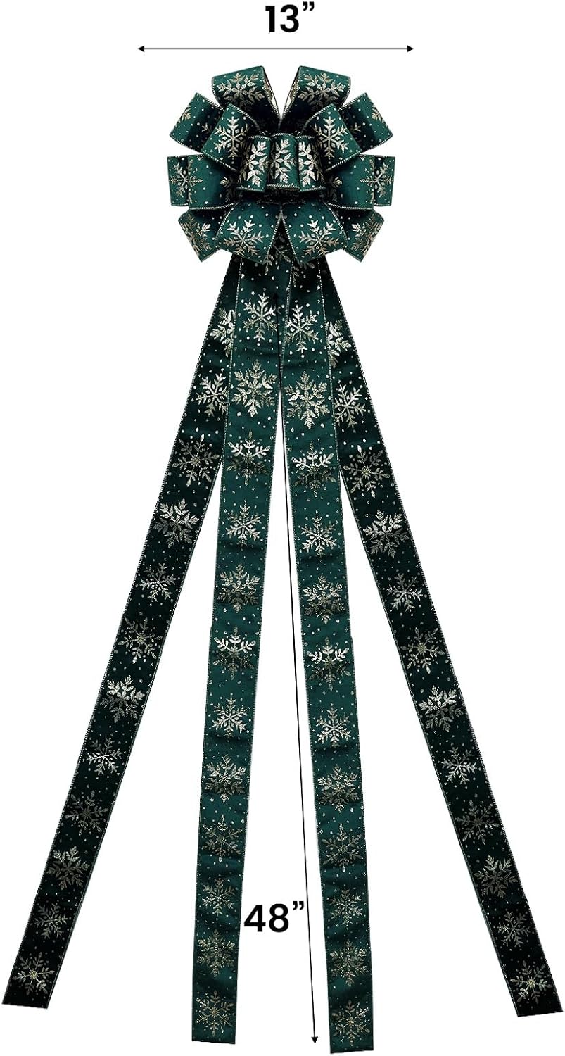 Christmas Tree Topper Bow,48''x 13'' Large Velvet Christmas Wreath Bows Xmas Ornaments with Long Streamer Wired Edge Ribbon for Christmas Decoration (Green)