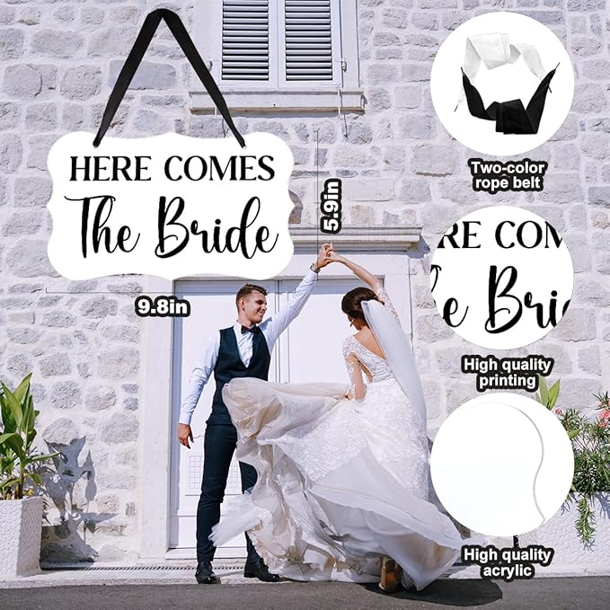 Acrylic Wedding Sign, Ring Bearer Sign, Here Comes The Bride Sign, for Rustic Wedding Decoration Hanging Signs, Acrylic Wall Art for Weddings Reception Decorations and Event Party (White)