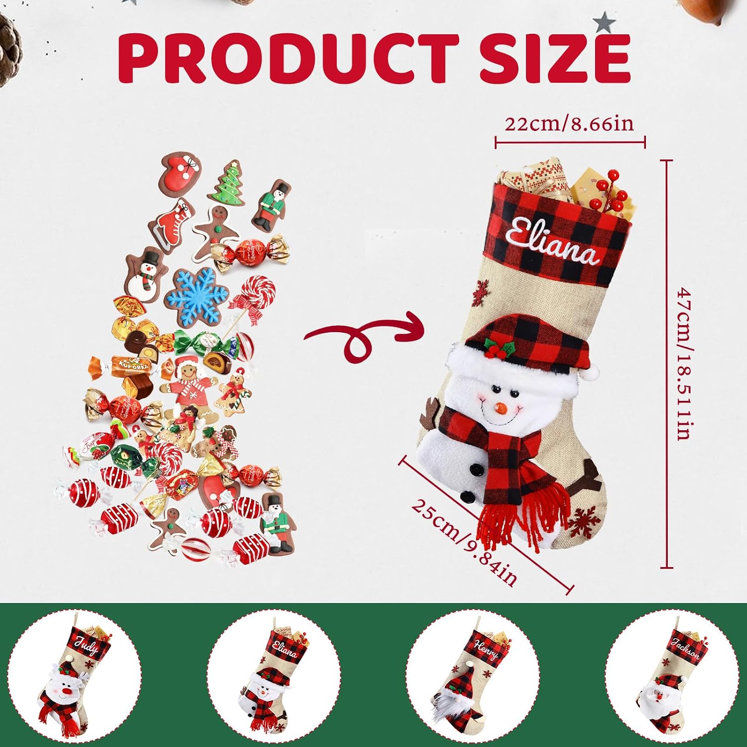 Bemaystar Personalized Christmas Stockings - 18.5'' Embroidery Custom Christmas Stockings with Names, Burlap Plaid Stockings Xmas Decor Gifts for Family Kids Holiday Party, 1-Pack Choose Any Styles