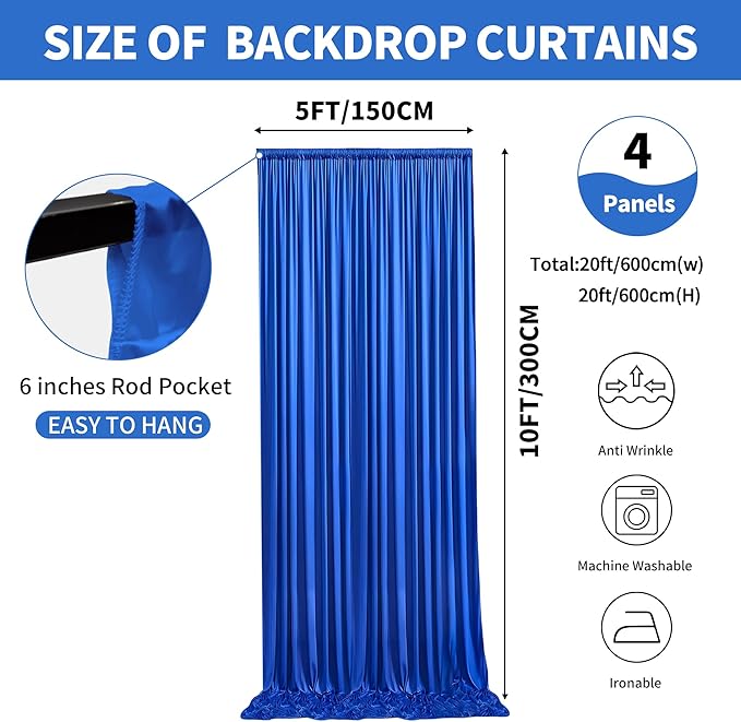 20x10ft Backdrop Curtains for Parties, 4 Panels 5x10ft Photography Backdrop Curtain with Rod Pocket,Backdrop Polyester Background Drapes,Wedding Backdrop Drapes for Birthday Baby Shower Home Decor