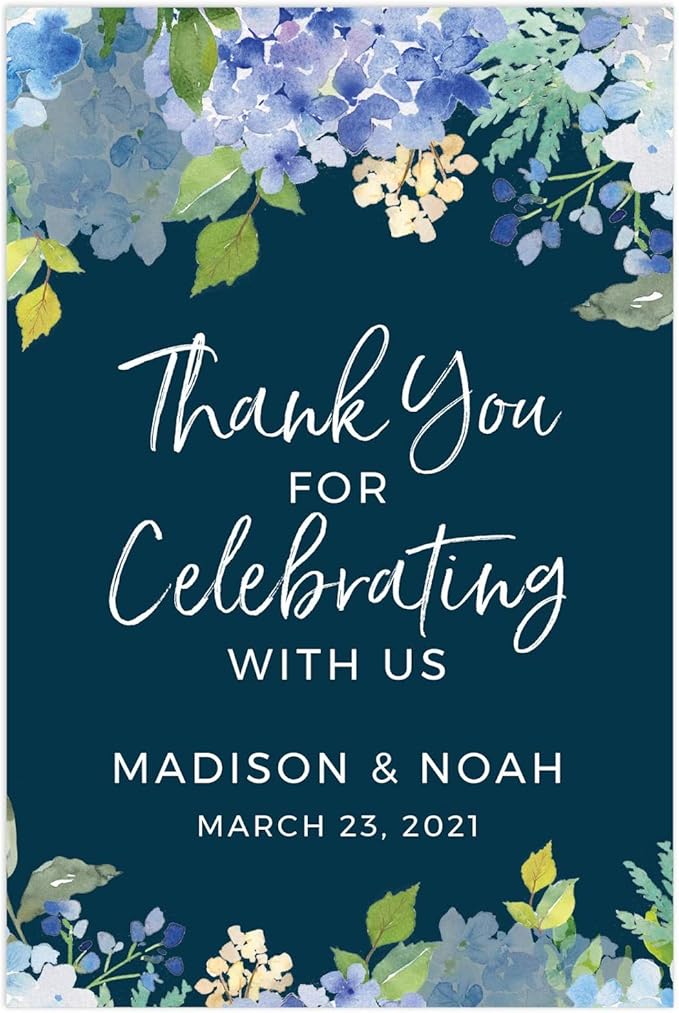 Andaz Press Personalized Extra Large Wedding Easel Board Party Sign, 12x18-inch, Baby Blue Hydrangea Floral Flowers on Navy, Thank You for Celebrating With Us Bride Groom Name Date, 1-Pack, Custom