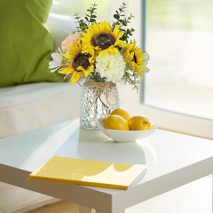 Artificial Sunflower Bouquets - Silk Fake Flowers with Vase, Centerpieces for Dining Room and Coffee Table Decor