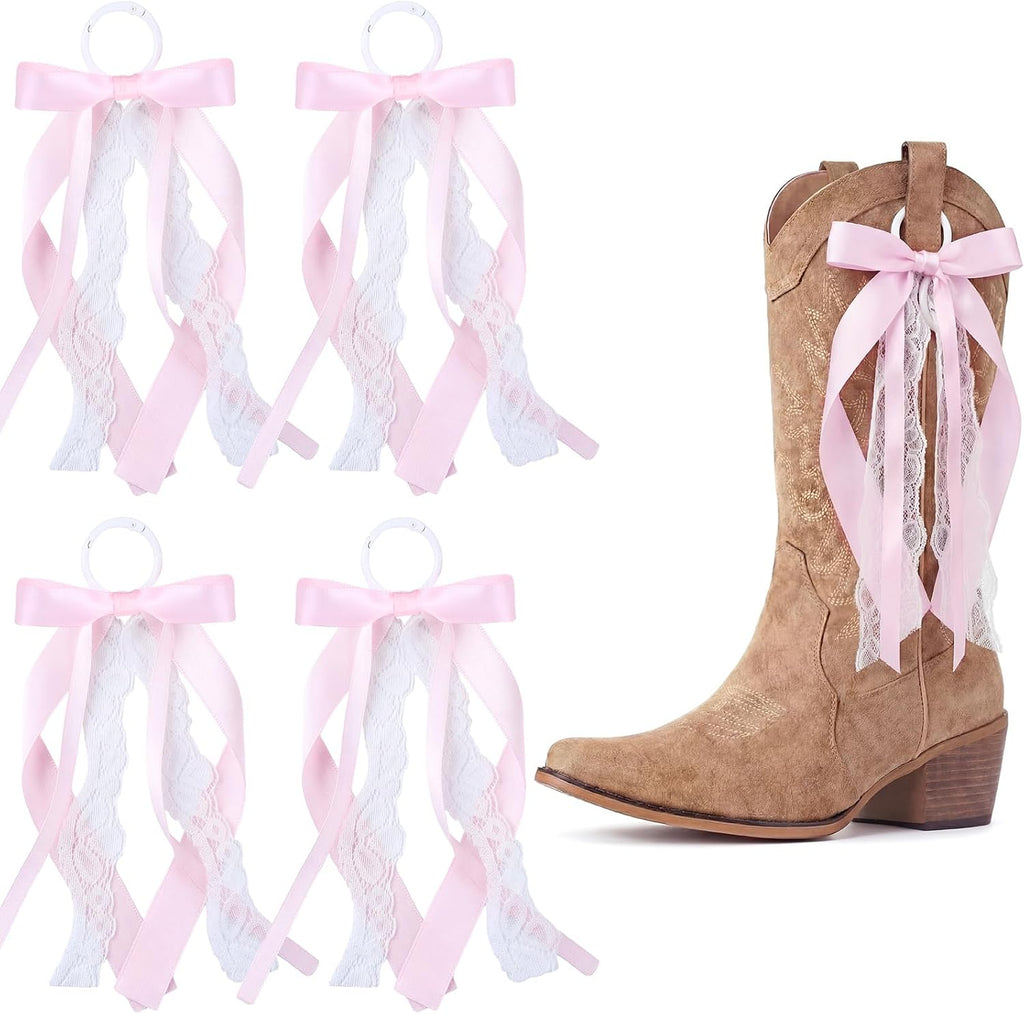 4 Pcs Pink Ribbon Boot Bow for Cowgirl Boots Lace Bows Clip Decor for Country Concert Wedding Women DIY Bridal Shower Reception Accessory Supplies Gifts Removable