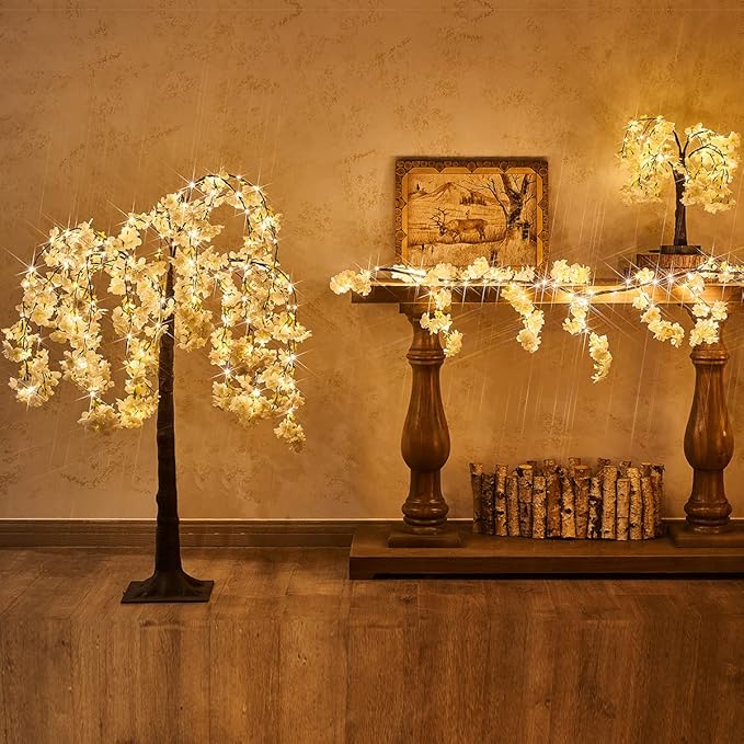 Fudios Lighted White Cherry Blossom Garland Decor with Timer 96 LED Fairy Lights 6FT for Mantle,Artificial Flower Vine with Lights Battery Operated Valentines Wedding Party Indoor Outdoor