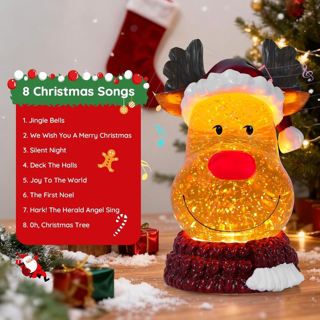 Christmas Snow Globe Reindeer Lighted Musical Glitter Globe Battery Operated or USB Powered with Timer Water Glittering Snowing Globe for Christmas Party Home Table Decorations Gifts (Reindeer)