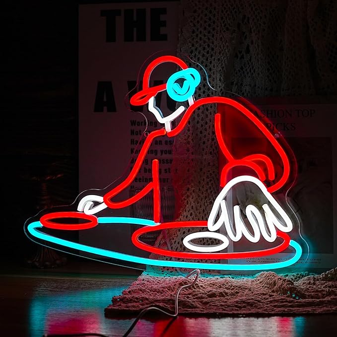 DJ Player Neon Sign Bar Neon Light Wall Decor 16.5 * 12.6 Inch LED DJ Light Up Sign for Bar Club Live Music Concert Bedroom Party Neon Decor (USB Dimmable)