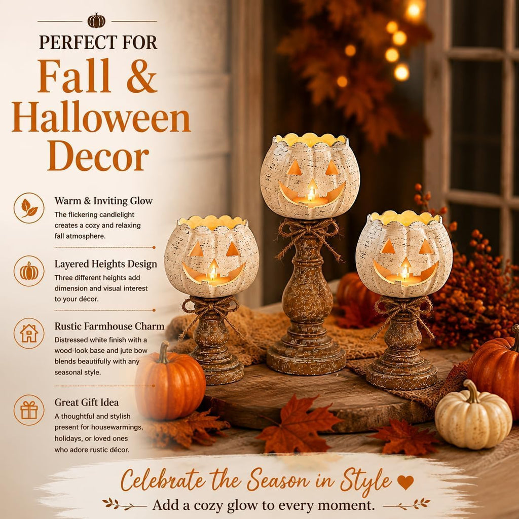 Rustic White Pumpkin Tealight Candle Holder Set, Farmhouse Halloween Pumpkin Tea Light Candle Holders Decor, Fall Tables Centerpieces for Thanksgiving & Halloween Party