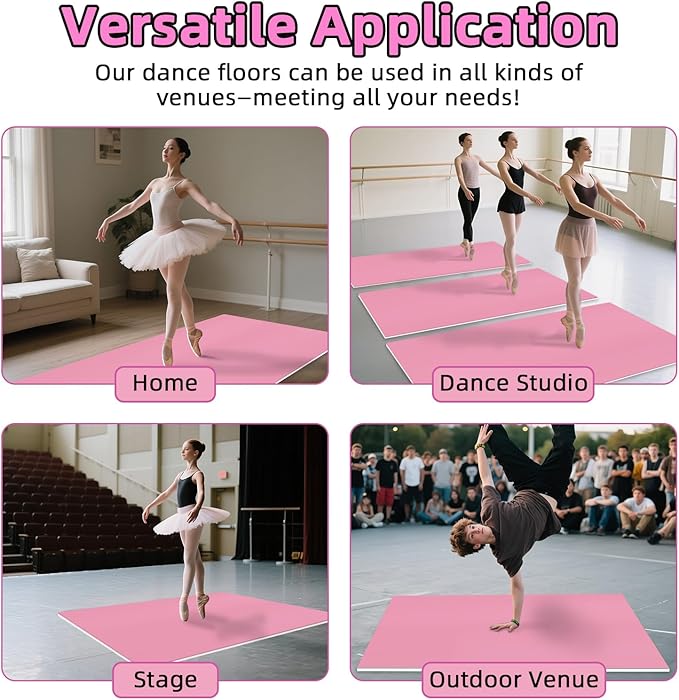 Dance Floor Mat Non-Slip with Shoulder Strap Portable and Dance Resistance Band, Dance Floor for Ballet,Jazz, Pop Thick PVC Practice Floor Reusable Mat (Pink, 180cm*90cm*0.35cm)