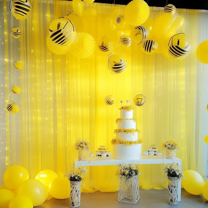 30×10ft Yellow Tulle Backdrop Curtain with Lights String for Parties, Sheer Photo Backdrop Curtains for Wedding Party Photography Background