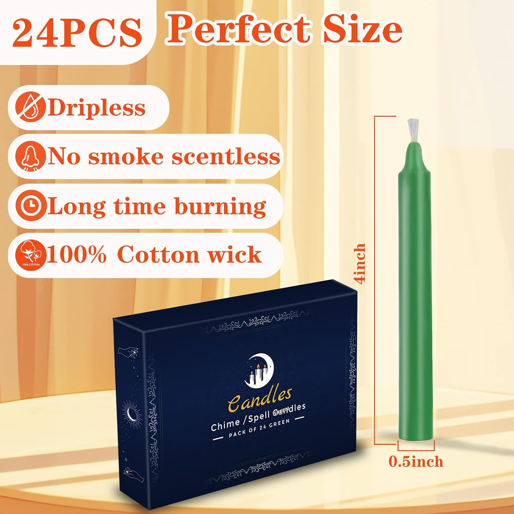 Kunrsug 24 Pack Green Spell Chime Candles – Premium Mini Unscented Taper Candles for Rituals, Prayer, Birthdays, Meditation, Altar, Spells, Chime Candles - 4 Inch Tall - Ideal for Witches