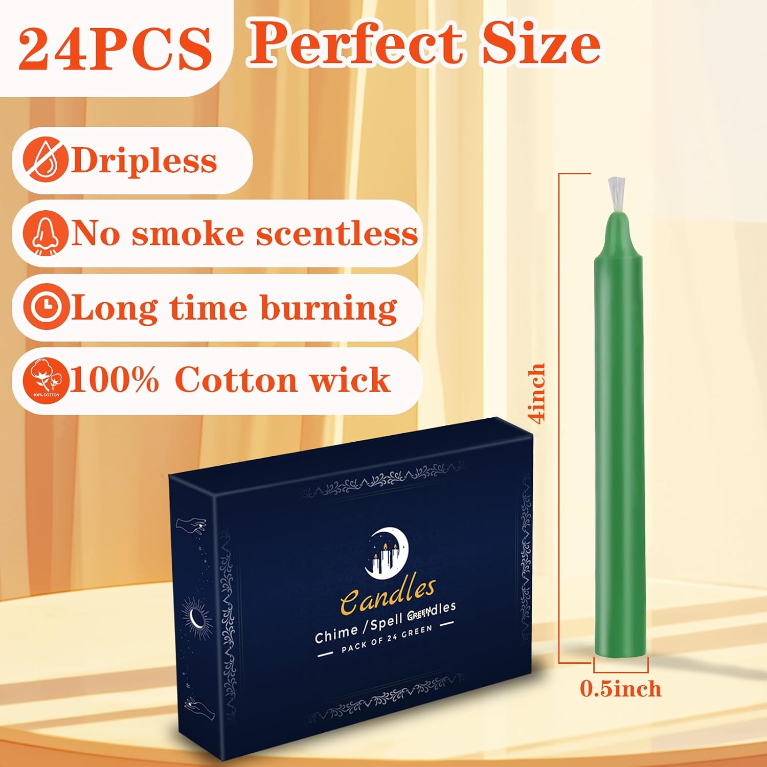 Kunrsug 24 Pack Green Spell Chime Candles – Premium Mini Unscented Taper Candles for Rituals, Prayer, Birthdays, Meditation, Altar, Spells, Chime Candles - 4 Inch Tall - Ideal for Witches