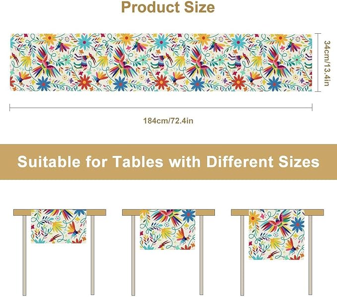 Mexican Table Runner,Boho Colorful Nature Inspired Flowers and Birds Table Cloth Kitchen Dining Table Home Party Decoration 13x60 Inch