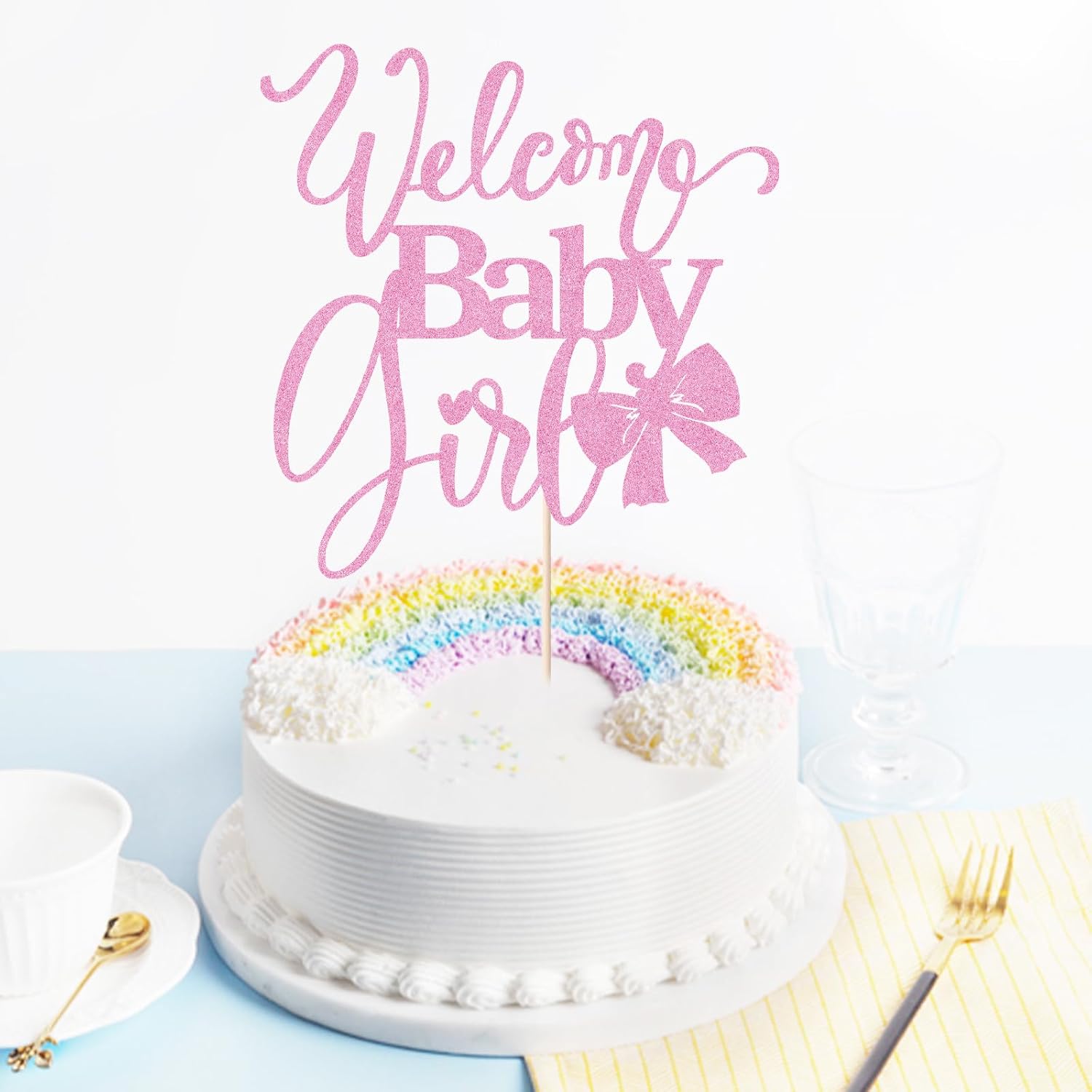 Welcome Baby Girl Cake Toppers - Baby Shower, Baby Shower, Newborn Gender Show Girl Happy Birthday Party Decoration (pink glitter)