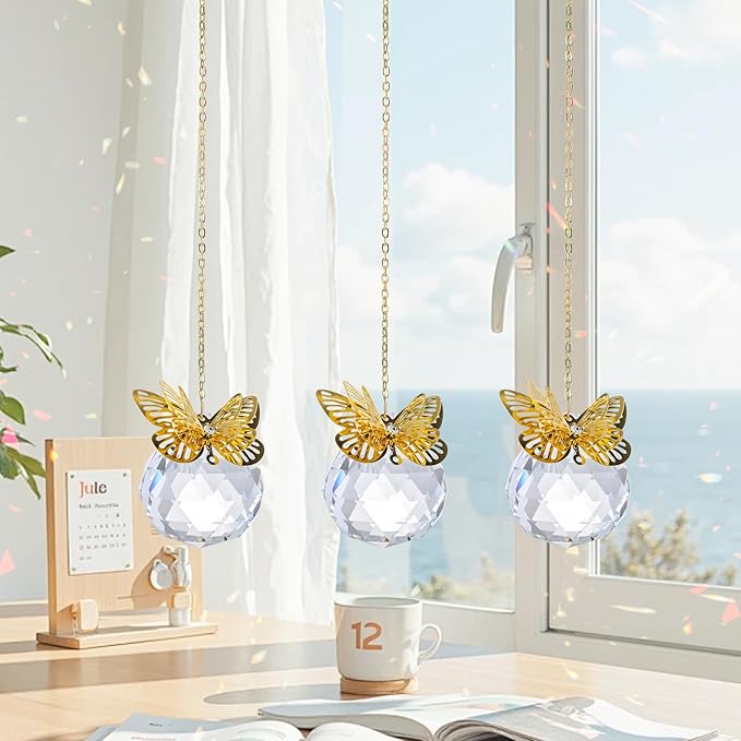 Crystal Suncatchers Gold Butterfly 40mm Crystal Prisms Ball Rainbow Maker with Chain for Window Hanging Decoratioin 3 Pack