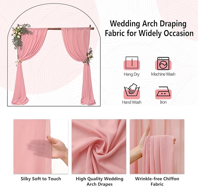8 Panels Wedding Arch Draping Fabric 28" x 20Ft Wedding Arch Drapes Chiffon Fabric Drape Sheer Backdrop Curtain for Weddings Party Ceremony Birthday Arbor Drapery Reception Ceiling Décor(Dusty Rose)