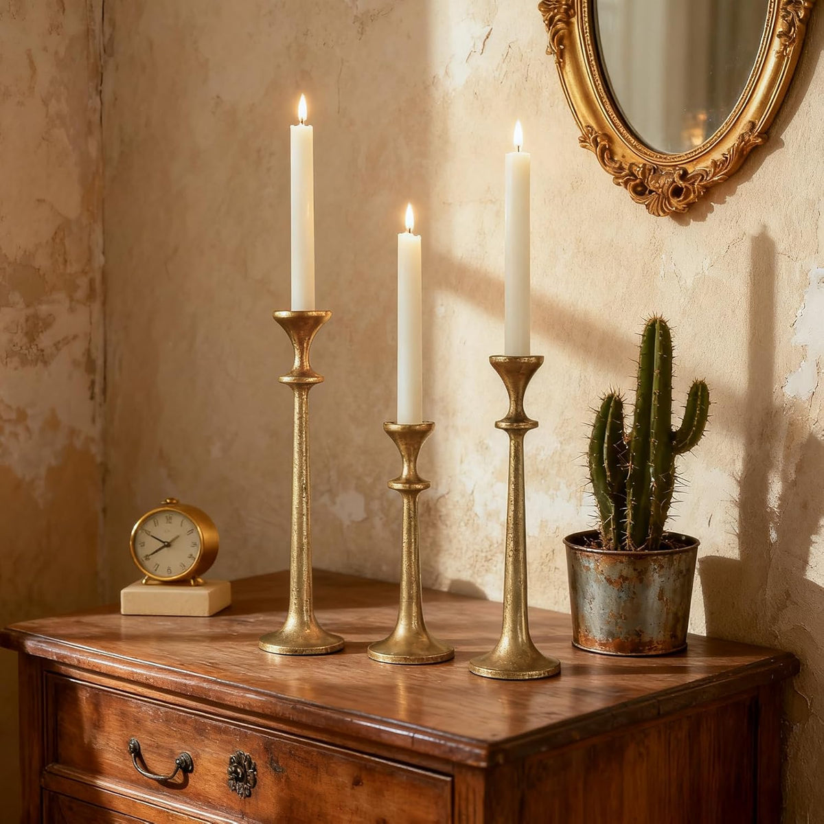 Gold Taper Candle Holders Set of 3 Heavy Cast Iron Antique Brass Candlestick ...