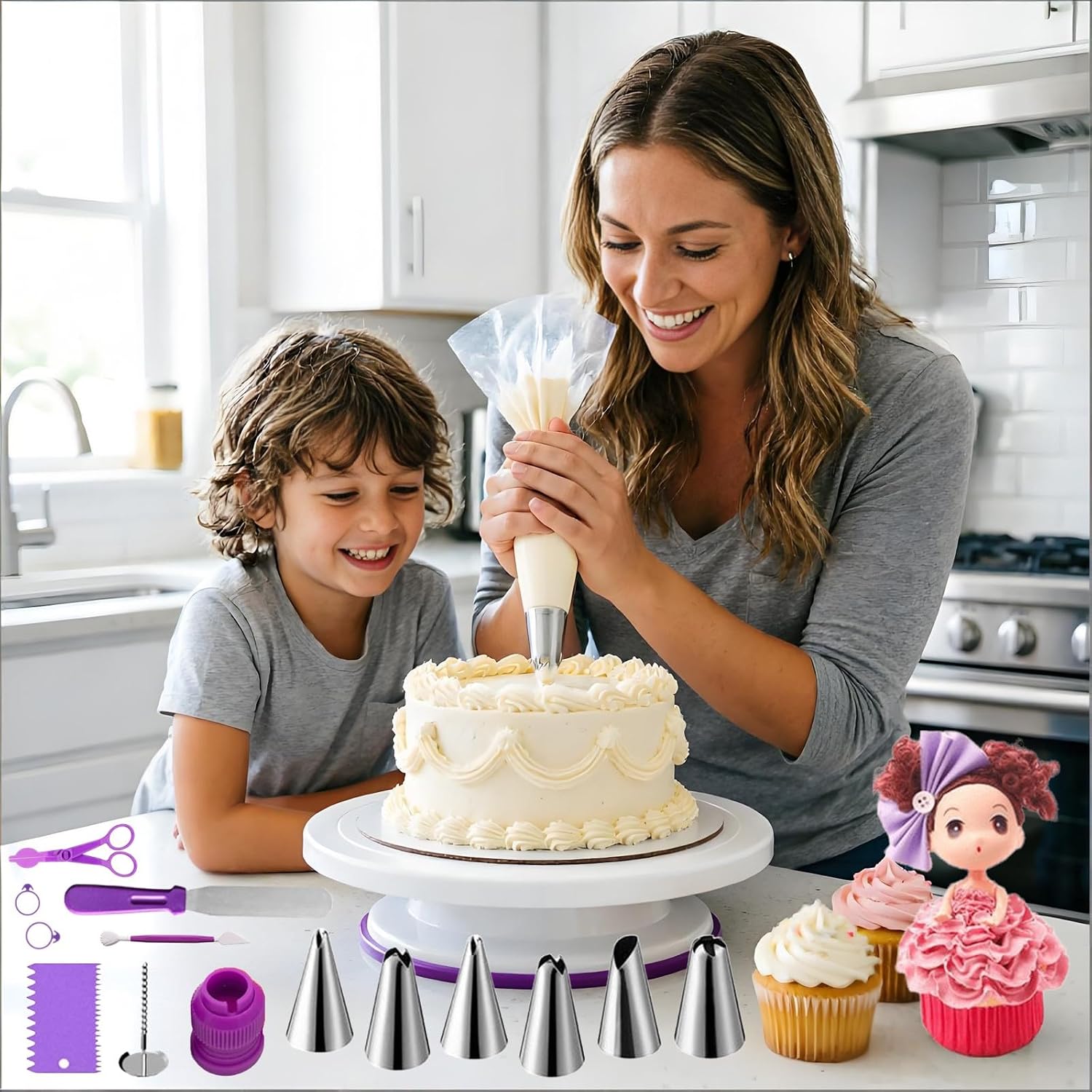 ANSLYQA Cake Decorating Kit, 340 Pcs Baking Tools (Purple) | Cake Turntable, Leveler, 55 Numbered Icing+Skirt Tips, 2 Spatulas, 3 Scrapers, 100 Pastry Bags, 100 Cupcake Liners & More