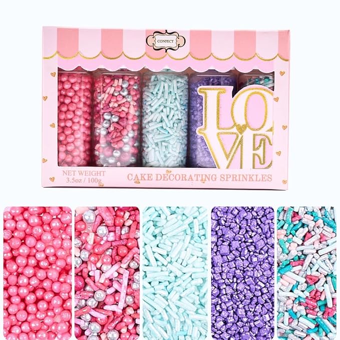 Confect Unicorn Party Sprinkles – Edible Cake Decorating Mix with Teal Jimmies, Hot Pink, Lavender & Coral Pearl Dragees, Purple Sparkling Sugar – Fun & Colorful Toppings for Cakes, Cupcakes, Cookies – Vegan, Gluten-Free, Nut-Free, Soy-Free, Dairy-Free...