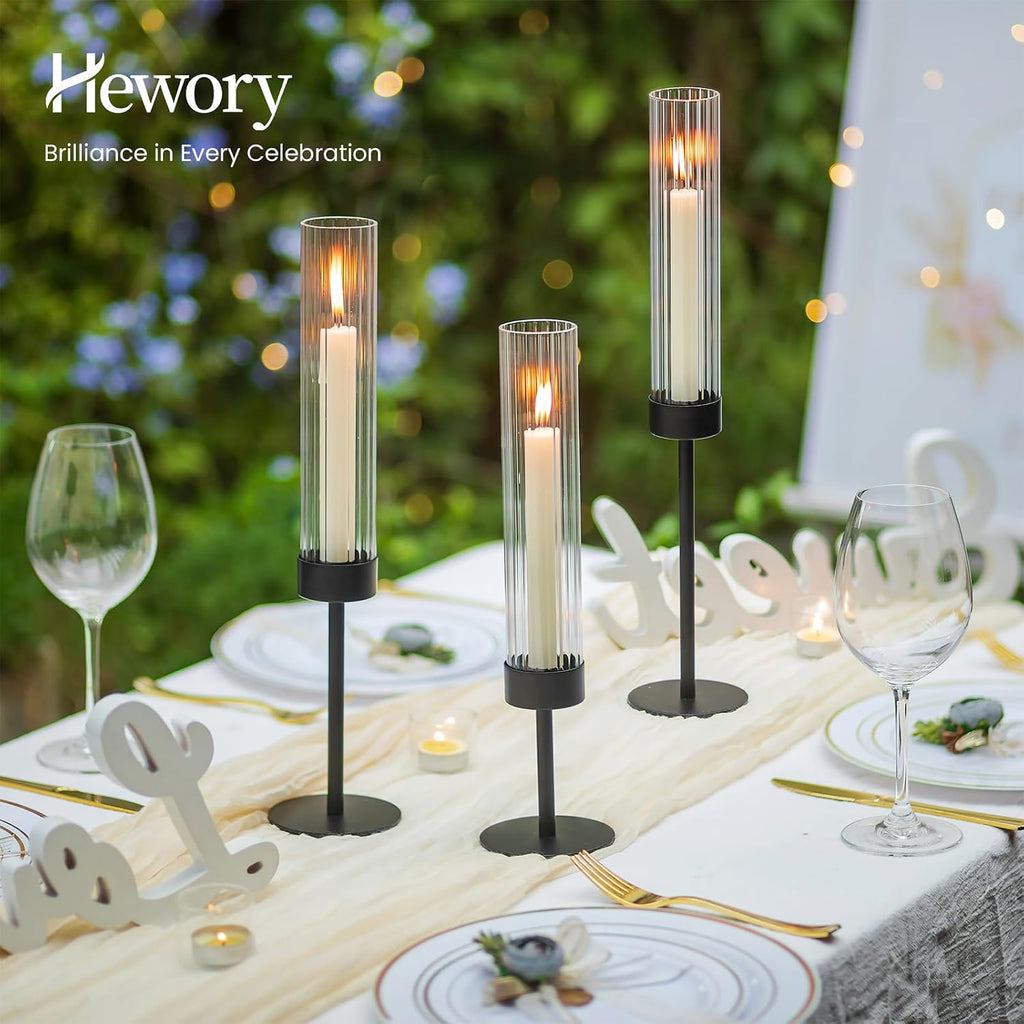Hewory Black Taper Candle Holders: Candlestick Holders Set of 3 Hurricane Glass Tall Candle Holder for Candlesticks Candle Sticks Holder Decor for Table Centerpiece Wedding Party Christmas Decorations