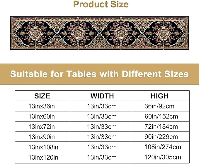 Vintage Boho Floral Table Runner, Rustic Country Farmhouse Black Bohemia Flower Pattern for Home Kitchen Table Decor Dining Cafe Room Wedding Party Decor 13x60in