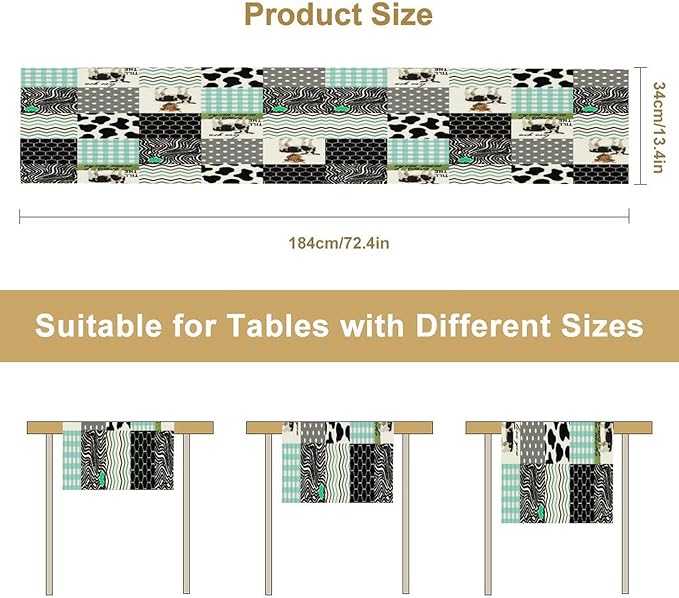 Cute Cow Print Table Runner,Farm Animals Honeycomb Plaid Stripes Cowhide Pattern Tablecloth Burlap for Hotel Indoors Outdoor Dining Room Kitchen Table Decor, 13x36in
