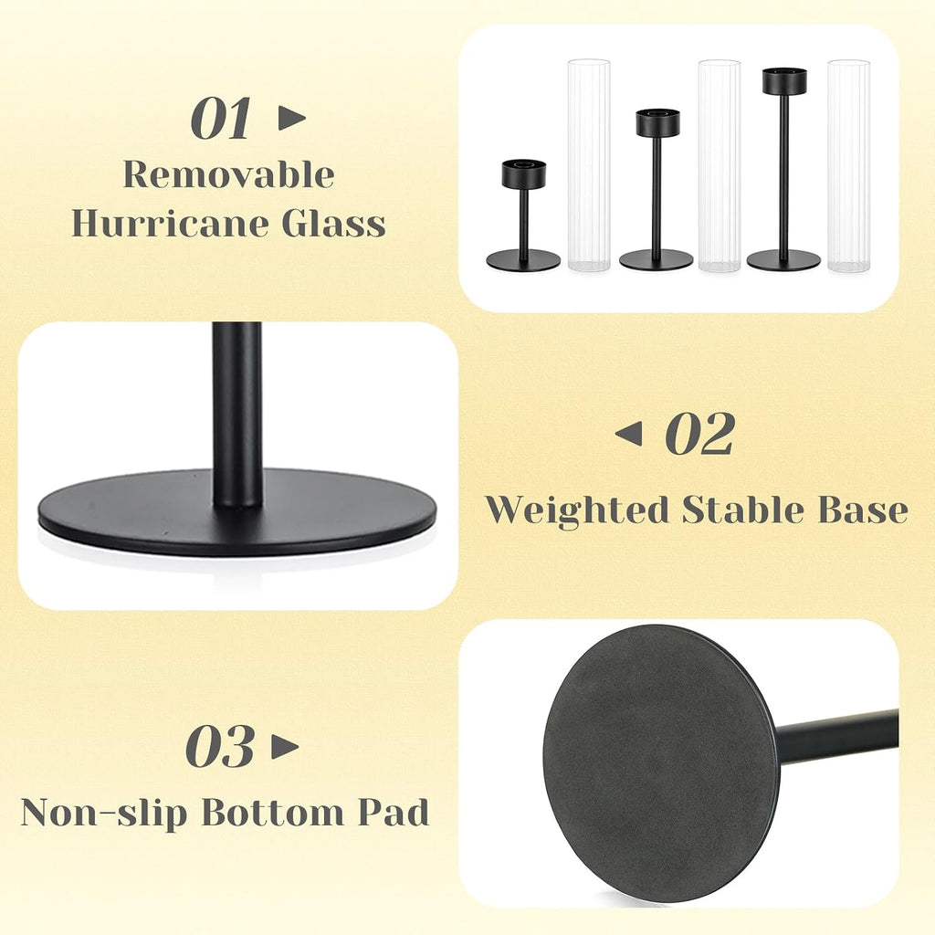 Hewory Black Taper Candle Holders: Candlestick Holders Set of 3 Hurricane Glass Tall Candle Holder for Candlesticks Candle Sticks Holder Decor for Table Centerpiece Wedding Party Christmas Decorations