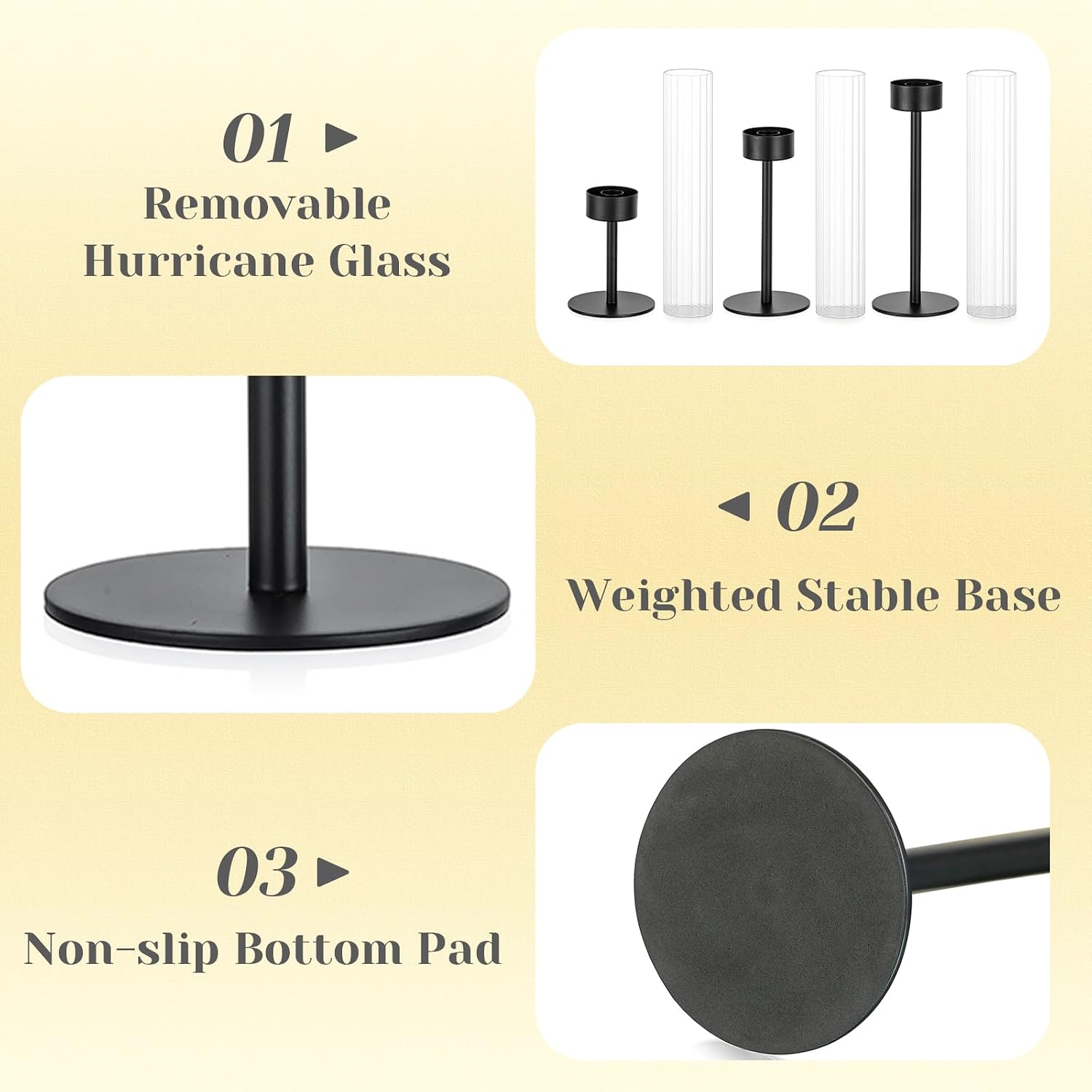Hewory Black Taper Candle Holders: Candlestick Holders Set of 3 Hurricane Glass Tall Candle Holder for Candlesticks Candle Sticks Holder Decor for Table Centerpiece Wedding Party Christmas Decorations