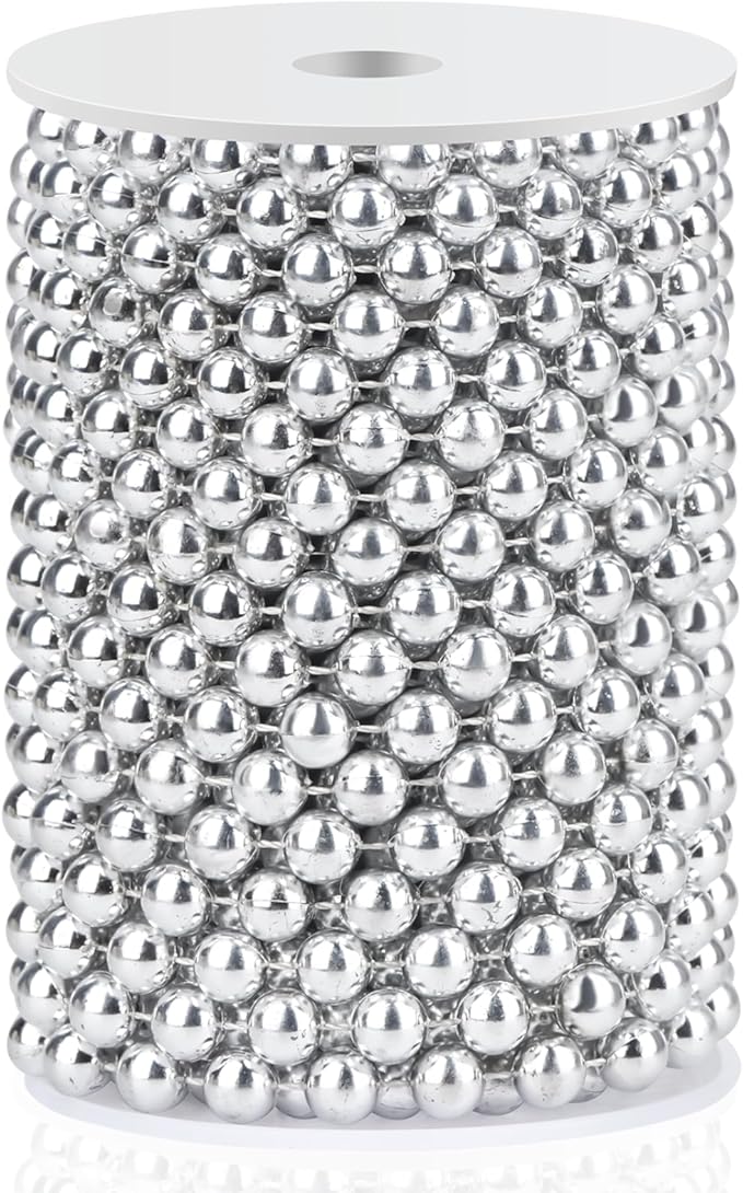 Craft String Pearls 10MM Pearl Bead, 33 Feet Silver Faux Pearl Garland Spool Roll Strand Wedding Party Decoration, Christmas Tree Decorations