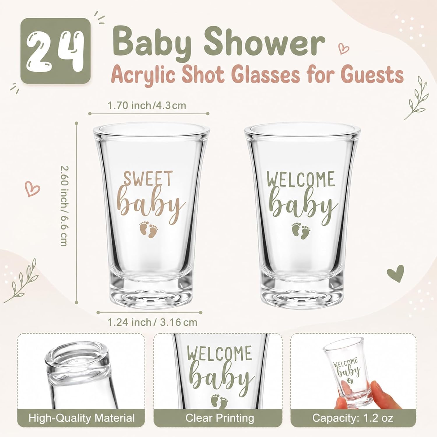 Pickmesh 96 Pcs Baby Shower Party Favors for 24 Guest, Boy Girl Shot Glasses Gifts, Bottle Openers, Thank You Tags, Organza Bags Gender Reveal Party Baby Shower Return Gifts for Guest (Sage Green)