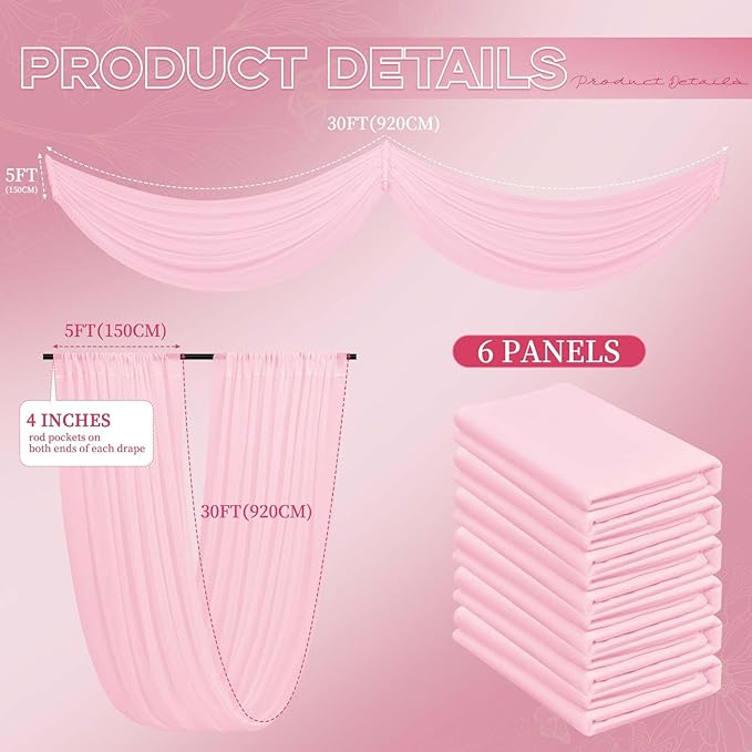 6 Panels Pink Ceiling Drapes for Wedding 5ftx30ft Ceiling Drapes Wedding Arch Draping Fabric Cheesecloth Sheer Curtain Romantic Ceiling Decorations for Weddings Party Banquet Ceremony Stage