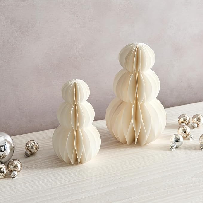 LampLust Snowman Decor, 2 Pack White Honeycomb Paper Snowmen, 6 & 8 Inch, Winter Wonderland & Enchanted Forest Decorations Indoor, Home Mantle Decor, Centerpiece Table Decorations