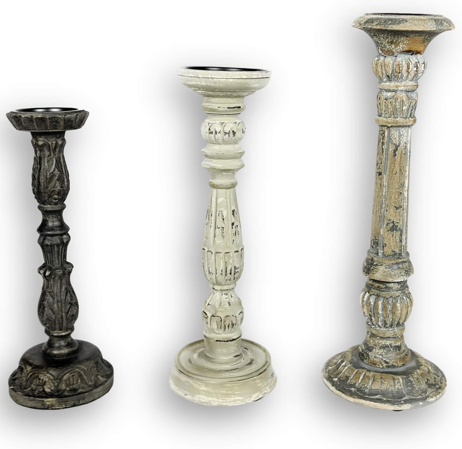 Farmhouse Candle Holders Set of 3 - Wooden Candle Holders with Distressed Finish for a Vintage Antique Decor Look - Each Rustic Decorative Pillar Candle Holder is Hand-Carved