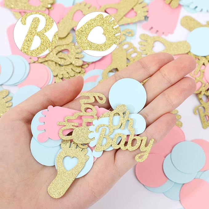 MARFOREVER 350 Pieces Gender Reveal Confetti Baby Shower Decoration Pink Blue Gold Round Glitter Confetti Oh Baby Footprints Table Paper Confetti for Gender Reveal Party Table Wedding Decor