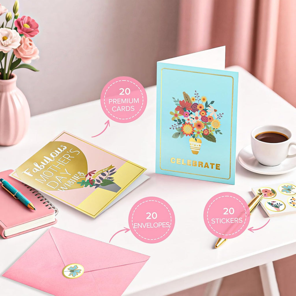 EACYART Mothers Day Cards Assortment, 20 Pack Mother’s Day Cards Boxed with Envelopes & Stickers, Bulk Cute Gold Foil Card for Mom, Mothers Day Gifts