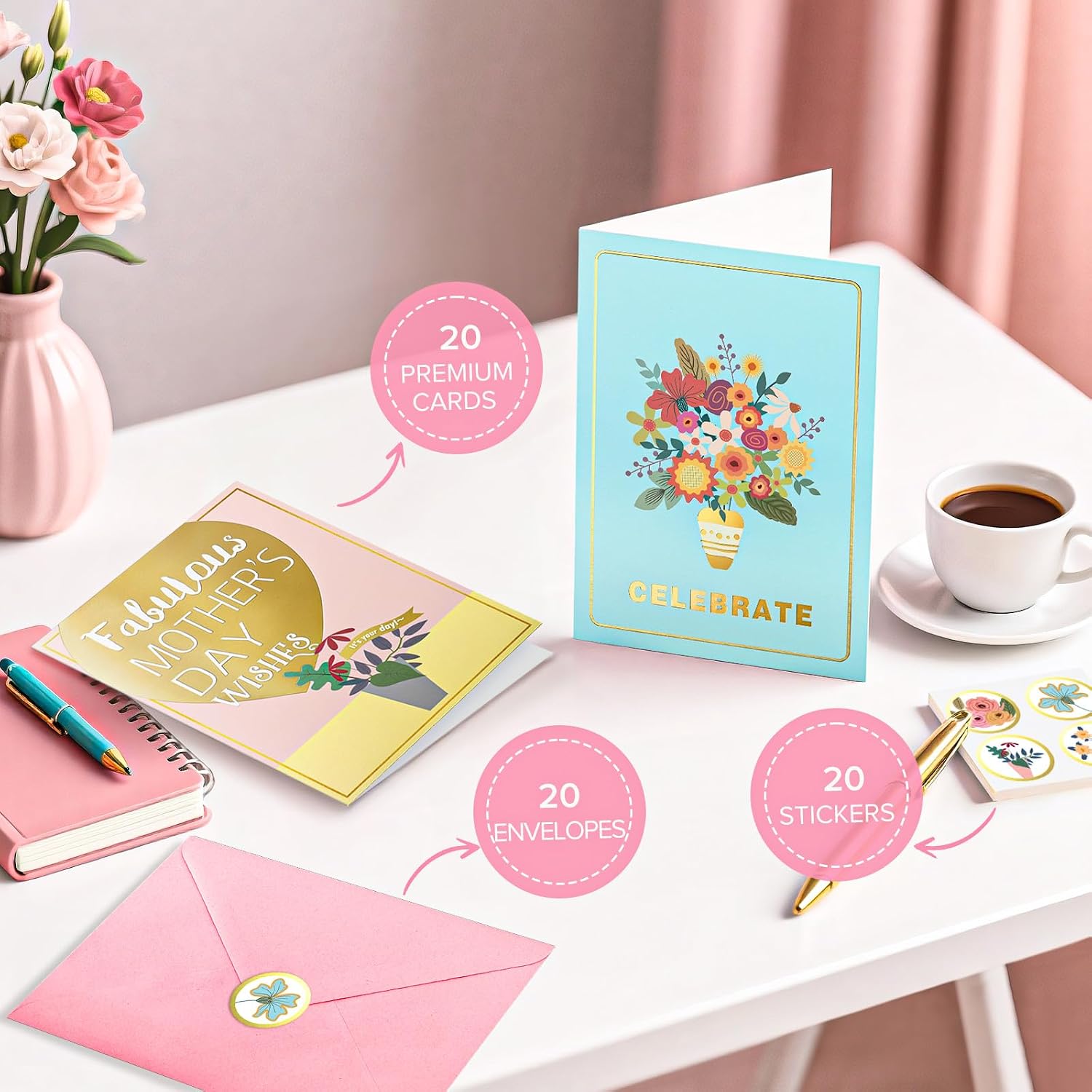 EACYART Mothers Day Cards Assortment, 20 Pack Mother’s Day Cards Boxed with Envelopes & Stickers, Bulk Cute Gold Foil Card for Mom, Mothers Day Gifts